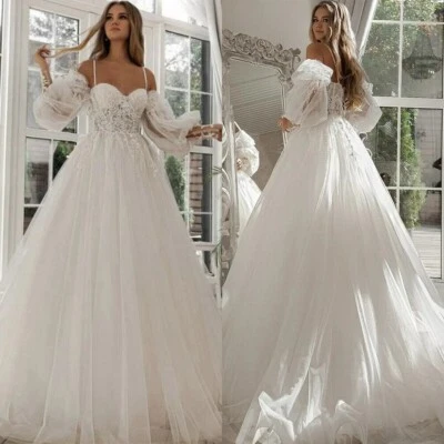 Sexy Vestidos de Novia Línea A Hombro Descubierto Mangas Abullonadas Encaje Apliques Vestidos de Novia Foto 1 de 4