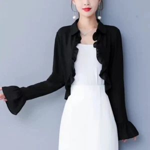 Ladies Ruffle Chiffon Shawl Bolero Shrugs Sheer Cropped Cardigan Tops Wrap Cape - Picture 1 of 13