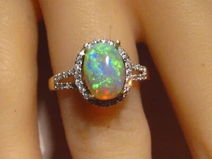 Natural Opal & Diamond Ring , Solid 14 k Yellow Gold - Picture 1 of 11