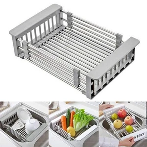 Stainless Steel Kitchen Drying Rack, Retractable Drain Basket with Adjustable... - Picture 1 of 7