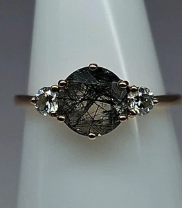 14k Rose Gold Black Rutilated Quartz Moissanite Engagement Ring Size 6 2.05g - Picture 1 of 24