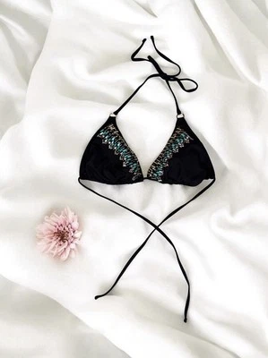 Black Beaded Sequin Halter Bikini Swim Top Boho Summer Tropical Beach Vacation M - Image 1 of 4