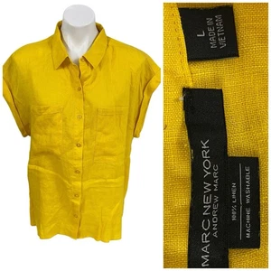 Marc New York Shirt Womens Sz Large Linen Yellow Top Work Office Casual Coastal - Picture 1 of 11