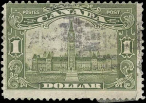 Canada Used F $1.00 Scott #159 Parliament 1929 King George V Scroll Stamp - Bild 1 von 2