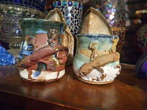 2 macetas de lagarto de cerámica estilo esmaltado por goteo de 5" y 3,75" ¡Bonito arte popular! - Imagen 1 de 15