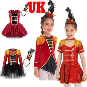 UK Kids Girls Circus Ringmaster Outfits Halloween Sequin Tutu Leotard Dancewear - Picture 1 of 31