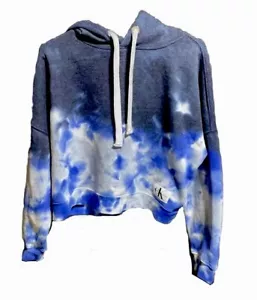 Calvin Klein Size Medium Cropped Pullover Long Sleeve Hoodie Blue Tie Dye - Picture 1 of 8