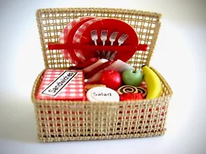 dollhouse doll house miniature VINTAGE PICNIC BASKET FOOD FRUIT PLATE FORK - Picture 1 of 3