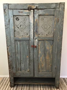 1800s Antique Punched Tin Panel Wood Pie Safe Cabinet Robin Egg Blue Farmhouse - Picture 1 of 12