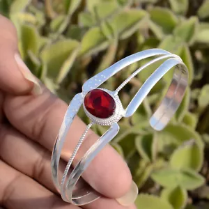 Red Garnet Oval Cut Gemstone Bracelet 925 Sterling Silver Man's Party Wear Cuff - Picture 1 of 8