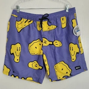 Neff Swim Trunks Mens XL Purple, Unlined Drawstring Elastic Waist Smile faces - Picture 1 of 8