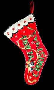 MID CENTURY WEIHNACHTSFLANELLSTRUMPF, WEIHNACHTSMANN, PAILLETTEN, MERRY CHRISTMAS, WOWZA - Bild 1 von 12