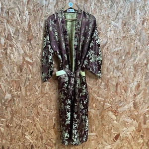 Vintage Double Peach Brown & Gold Silk Floral Long Kimono (One Size) - Picture 1 of 8