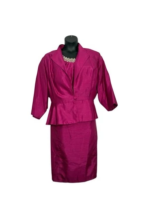 Tiana B Dress Suit 2 Piece Jacket Fuschia Dipioni Faux Silk Size 24W Peplum New - Image 1 of 4