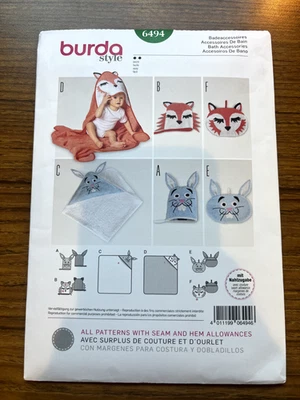 burda 6494 Bath Accessories: Hooded Towel, Mitt in Fox or Bunny- New and Uncut - Image 1 of 2