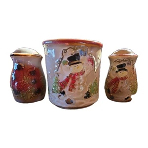 Vintage Look 50s Snowman Holiday Salt & Pepper Set With Cannister Ceramic GUC - Picture 1 of 8