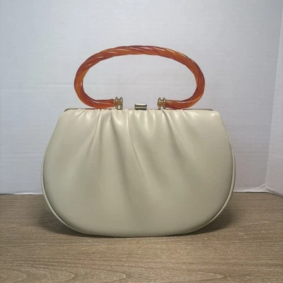VTG Garay Handbag 1950 Ivory Translucent Twisted Amber Lucite Handle MCM EUC - Image 1 of 4