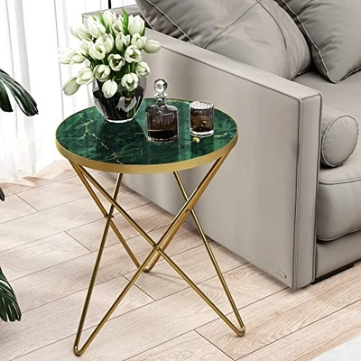  Modern Round Side Table, End Table with Marble Effect 1-pack Green Marble&gold - Image 1 of 4