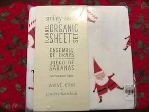 Juego de sábanas dobles Pottery Barn Kids West Elm ModernSmiley Santa FLANELA ORGÁNICA NUEVO CON ETIQUETAS - Imagen 1 de 5