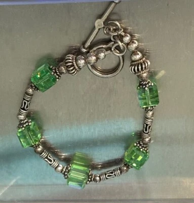 BRIGHT GREEN SQUARE CRYSTALS & BALI STYLE STERLING BEADS TOGGLE BRACELET 8.75” - Image 1 of 4