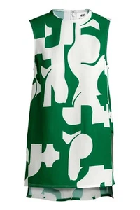 H&M STUDIO Runway Patterned Viscose Top Tunic Blouse Print S M 36 6 White Green - Picture 1 of 3