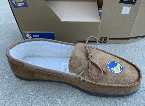 NBA Golden State Warriors Tan Moccasin Rubber Sole Men's Slippers NIB XL 13/14 Cover
