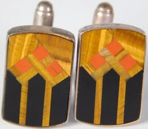 Vintage GFMW Great Falls Metal Works Sterling Silver Pearl Onyx Inlay Cufflinks - Picture 1 of 3