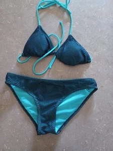 Teal solid and black netted bikini - Small - Picture 1 of 2