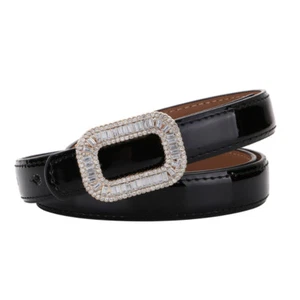 1X Women Patent Leather Skinny Belt Waistband Wet Look Rhinestone Square Buckle - Picture 1 of 16