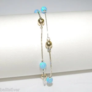 5mm Light Blue OPAL and GOLD FILLED Beads 925 Sterling Silver Two Strands ANKLET - Picture 1 of 11