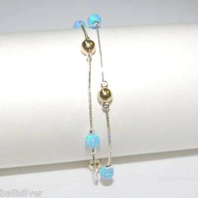 5mm Light Blue OPAL and GOLD FILLED Beads 925 Sterling Silver Two Strands ANKLET - Image 1 of 4