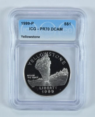 1999-P Yellowstone Commemorative Silver Dollar PR70 DCAM ICG *6506 - Image 1 of 4