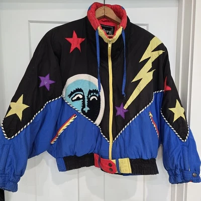 Vintage gallery Ski Jacket S 1980s 90s Colorblock Galaxy Moon Retro Puffer Coat - Image 1 of 4