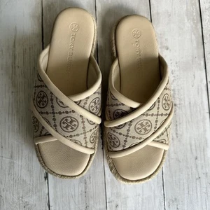 PREOWNED TORY BURCH T MONOGRAM CROSS ESPADRILLES SLIDE SANDALS CREAM 7 WOMEN - Picture 1 of 6