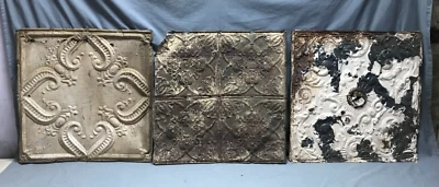 Antique Decorative Set 3 Tin Ceiling Panels 2' x 2' Shabby VTG 24" SQ 1830-24B - Image 1 of 4