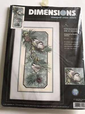 DIMENSIONS CHICKADEES ON A BRANCH STAMPED CROSS STITCH KIT 8"X 16" NIP 3199 - Image 1 of 4