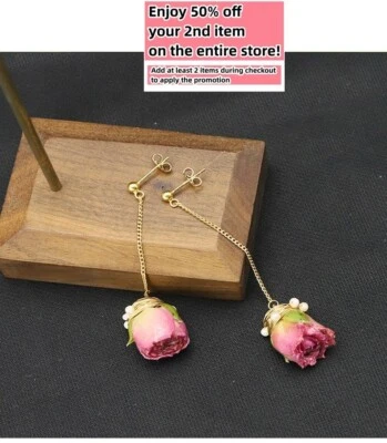 Natural Freshwater Pearl Earrings W/ Real Flowers Boho Baroque Drop 925 Silver - Image 1 of 4