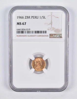 MS67 1966 ZBR Peru 1/5 Lire NGC *2190 - Image 1 of 3