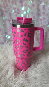 40 oz tumbler Leopard Print stainless steel HOT PINK - NEW with straw - CUP - Picture 1 of 4