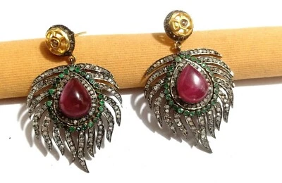 Pflastern Diamant Rubin & Smaragd Tropfen 925 Sterling Silber Ohrringe Halloween - Bild 1 von 4