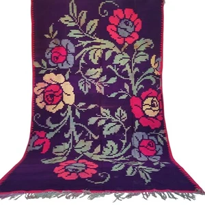 Handmade Moroccan Rug in Deep Purple with Floral Design and Gray Fringe Carpet - Picture 1 of 24