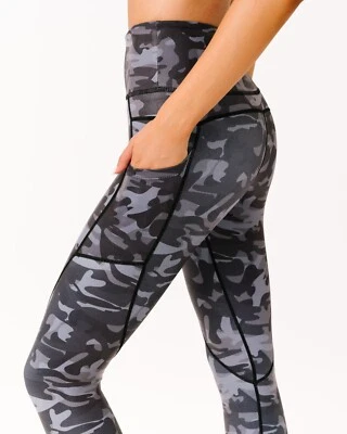ZYIA ACTIVE Black Camo Metallic Pocket Light n Tight Hi-Rise Capri 20" Size 8-10 - Image 1 of 4