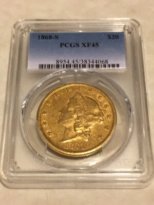 1868-S $20 PCGS XF45 Liberty Double Eagle Gold Coin very nice appeal eyeclean - Image 1 of 2