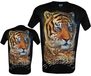 Bengal Tiger Biker With Cubs Print Black 100% Cotton T-Shirt M - 4XL - Picture 1 of 3