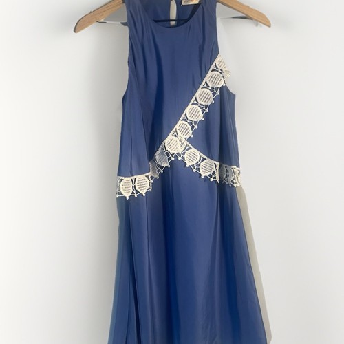 Abito Tory Burch Amanda drappeggiato all'uncinetto linea A Hudson blu 100% seta taglia 0