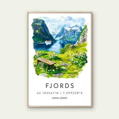 Fjords Norway Europe Scenic Landscape  Travel Poster Choose Your Size - Image 1 of 2
