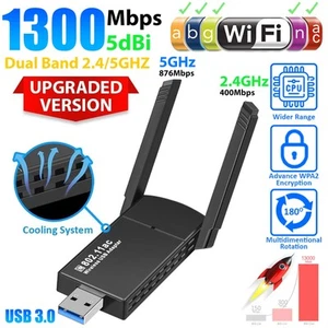 USB 3.0 Wifi Adapter 1300Mbps Wireless Dongle Dual Band 2.4G/5G Dual Antenna PC - Picture 1 of 9