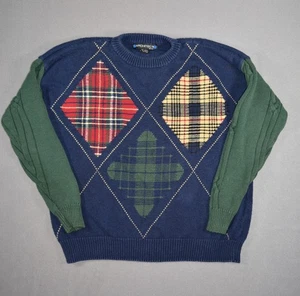 Architect Pullover Herren XL Navy Argyle Grobstrick Zopfmuster Rundhals 2-farbig Nerd - Bild 1 von 6