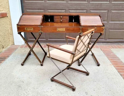 Vintage Walnut Rolltop Tambour Campaign Desk w/ Matching Chair c.1970 Cover