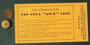 1930 Oil City Pennsylvania WLBW Radio San Cura ungüento ABC Club tarjeta y pin---- - Imagen 1 de 1
